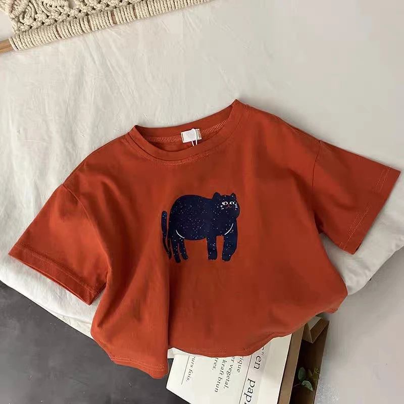 1-6 Age Children's Clothes Solid Color Printed Animal Kids Tees Tops Short-sleeved Summer Clothing Loose Fashion Girls T Shirts 6