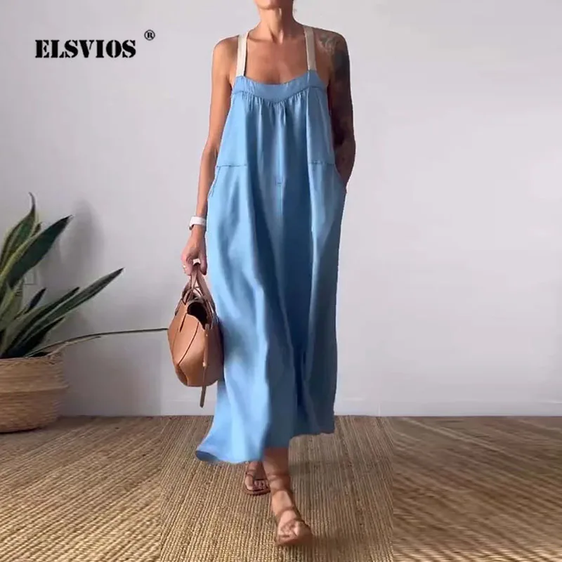 

Summer New Casual Cotton And Linen Suspender Dress Commute Fashion Sleeveless Loose Waist Solid Color Female Party Long Dresses