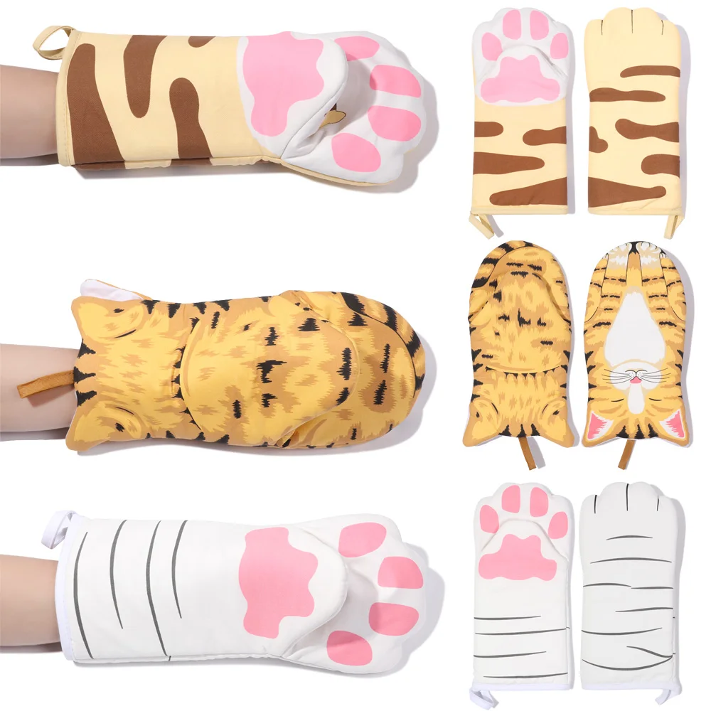 Kitchen gloves cotton pot holders 1PC Long Cotton Baking Insulation Gloves 3D Cartoon Animal Cat Paws Oven Mitts Microwave Heat Resistant Non-Slip Kitchen Gloves
