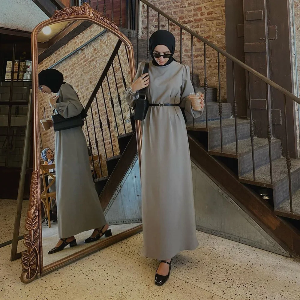Elegant Waist Long Sleeve Dress For Women Dubai Turkey Slim Solid Ladies Clothing With Belt Autumn Half High Neck A-line Skirt