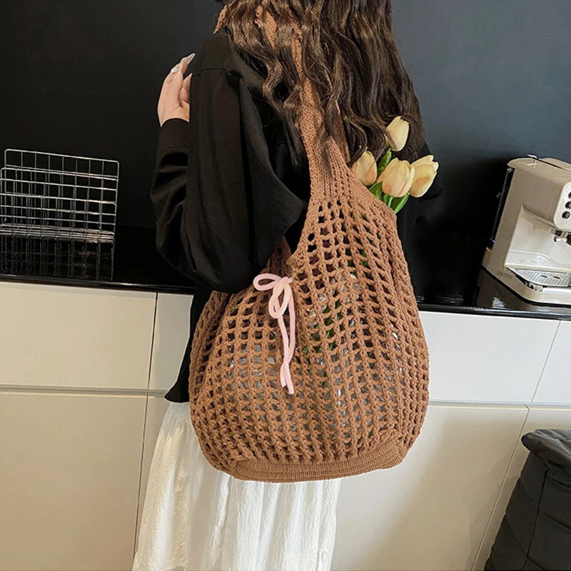 Large Capacity Knitted Hollow Shoulder Bag Crochet Underarm Tote Casual Beach Commuting Bag for Women