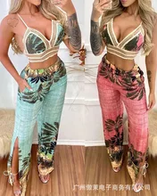 

Casual 2 Piece Sets Women's Deep V Neck Sleeveless Crop Top High Waist Wide Leg Pants Suits Sexy Beach Side Slit Trouser Outfits