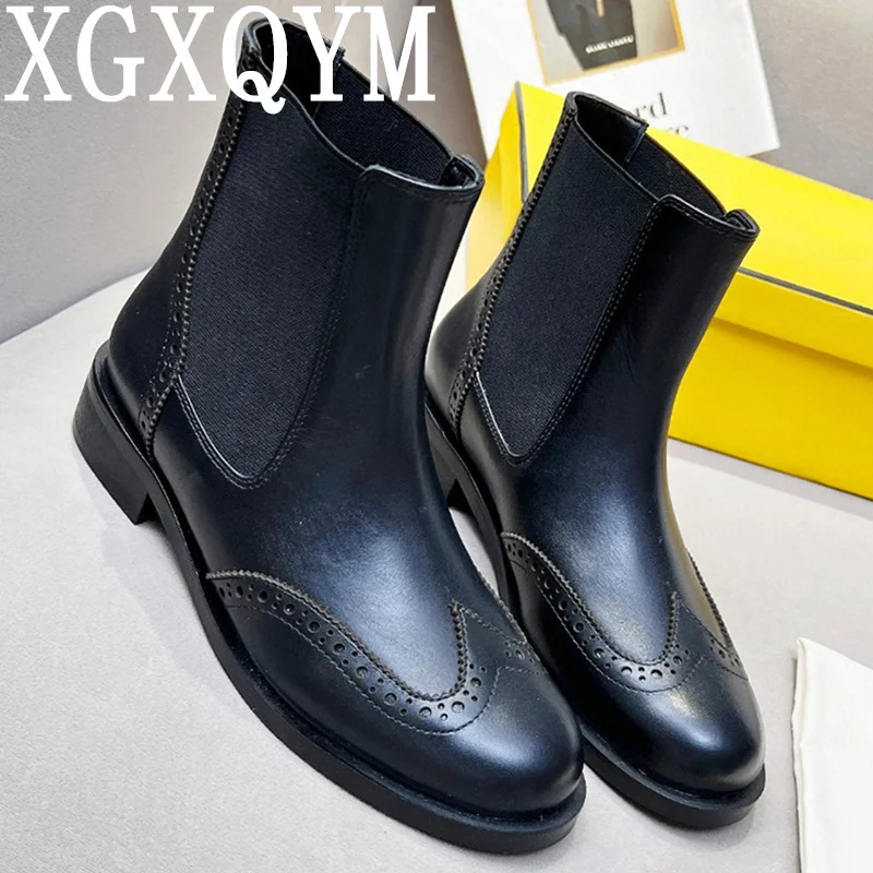 

Simple Designer Genuine Leather Elastic Chelsea Boots British Style Flat Heel Short Boots Winter Shoes For Women Black Boots