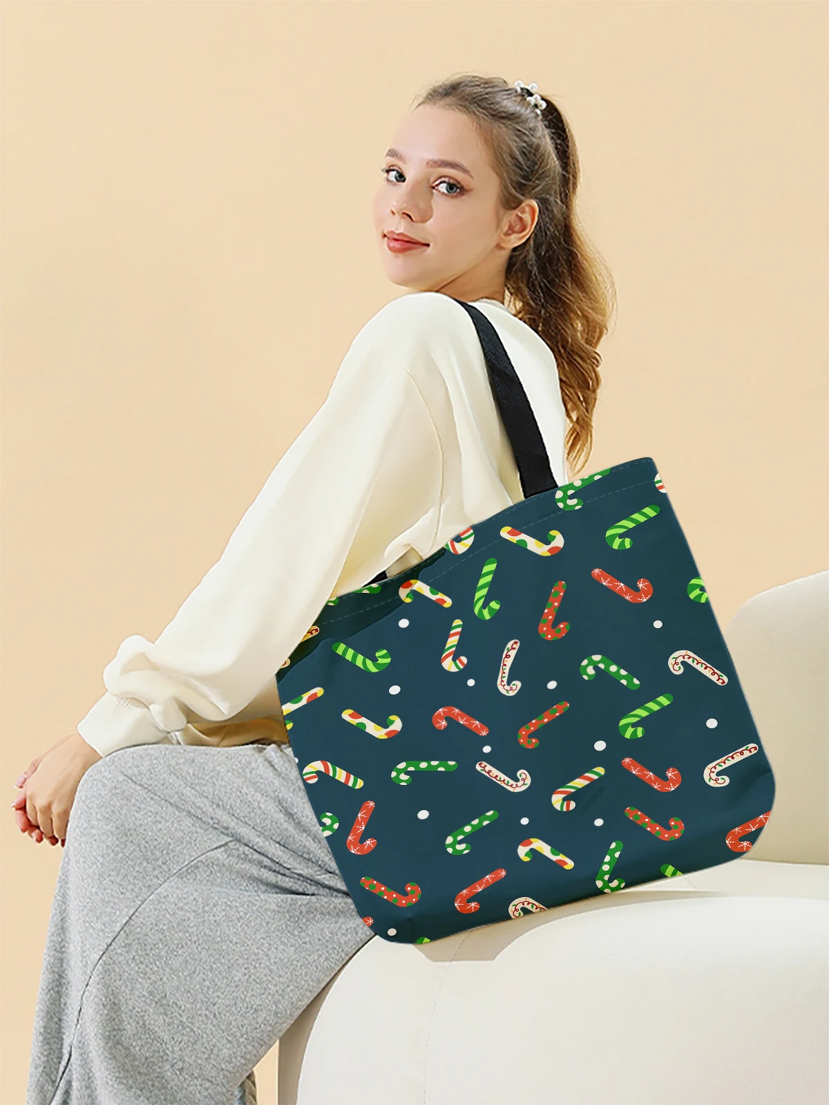 Christmas themed printed casual handbag, reusable fashionable backpack, multifunctional handbag, canvas shopping bag