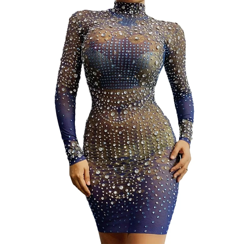 

Rhinestone Women Sexy Mesh High Neck Transparent Outfit Singer Bar Nightclub Wear Dress