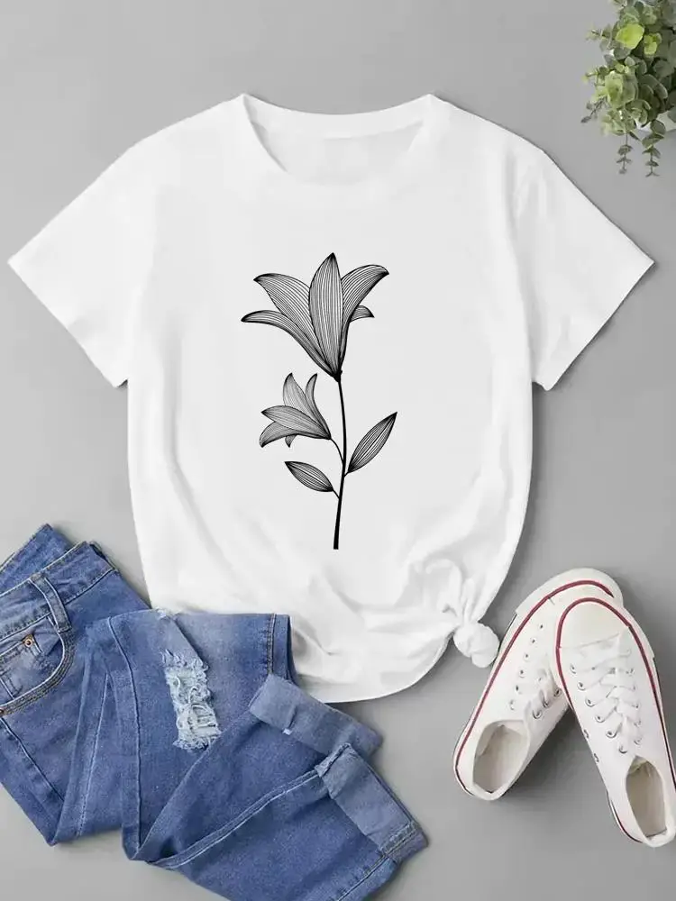 

Short Sleeve Clothing Floral Flower Lovely 90s Fashion O-neck T Shirt Graphic T-shirts For Women Print Tee Top Womens Clothes