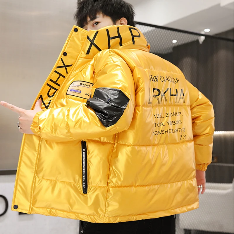 New Casual Men's 2023 Autumn Winter Silk-Like Cotton Coats Korean Tops Slim Shiny Parkas Bright Thick Warm Cotton-Padded Jackets