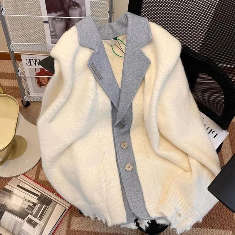 

Cardigan Women Sweaters V-Neck Solid Long Sleeve Fake Two Pieces Retro Design Harajuku Casual Knitted Sweater Coat Clothing