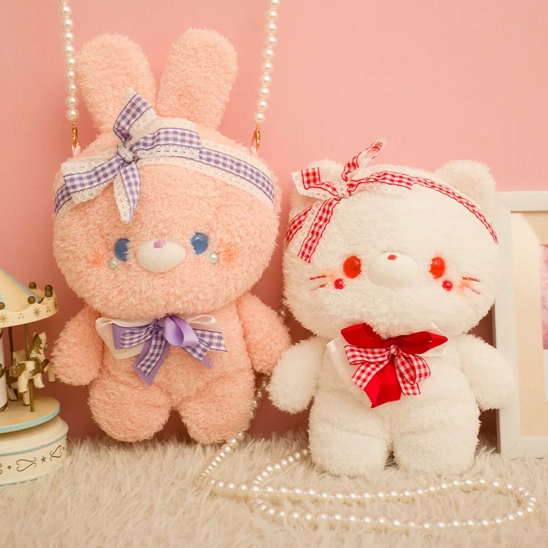 New Kawaii Bunny Bear Plush Toy Mini Shoulder Bags for Women Pearl Crossbody Bag Soft Cute Stuffed Animals Toys for Girls Gifts