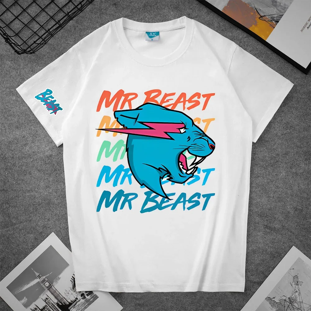 thumbnail image 1 of Camiseta de manga corta en blanco y negro de Mr Beast, de algodón de alta calidad, con cuello redondo y diseño de dibujos animados impresos para hombres y mujeres, 1 of 5