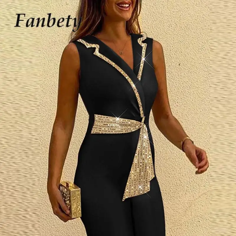 

Party Chic Shinny Belt Women Sequin Overalls Elegant Sleeveless Full Pants One Piece Office Lady 2024 Slim V-Neck Long Jumpsuit