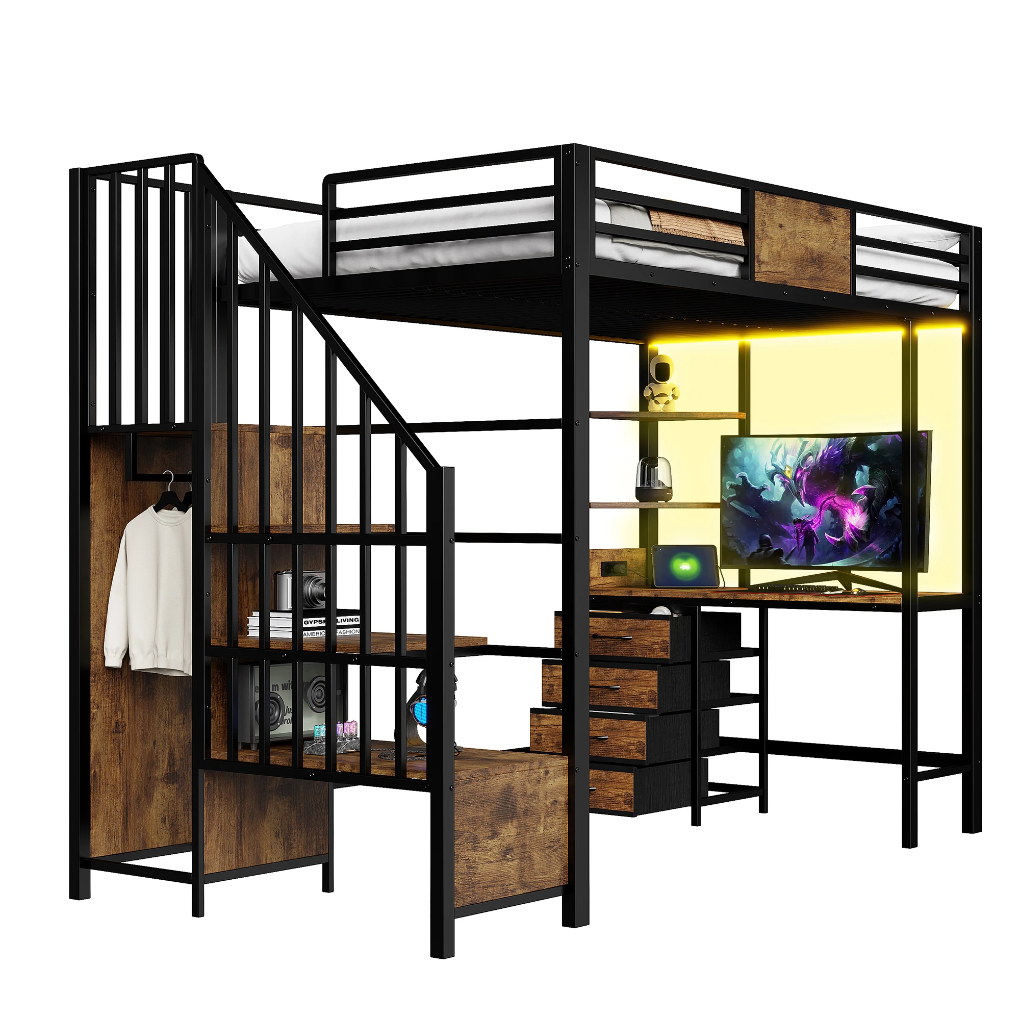 Metall-Etagenbett 90*200 mit Schreibtisch, Staufächern, Kleiderstange, LED-Beleuchtung und Steckdose. Multifunktionales Etagenbett – Detail 13