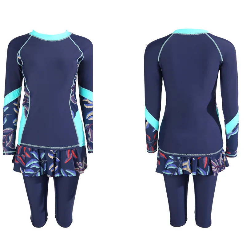 Sport Hijab Modest Swimwear Bikinis Set with Long-Sleeve Separates and Skirted Bottom for Surfing and Hot Springs Set Musulmani