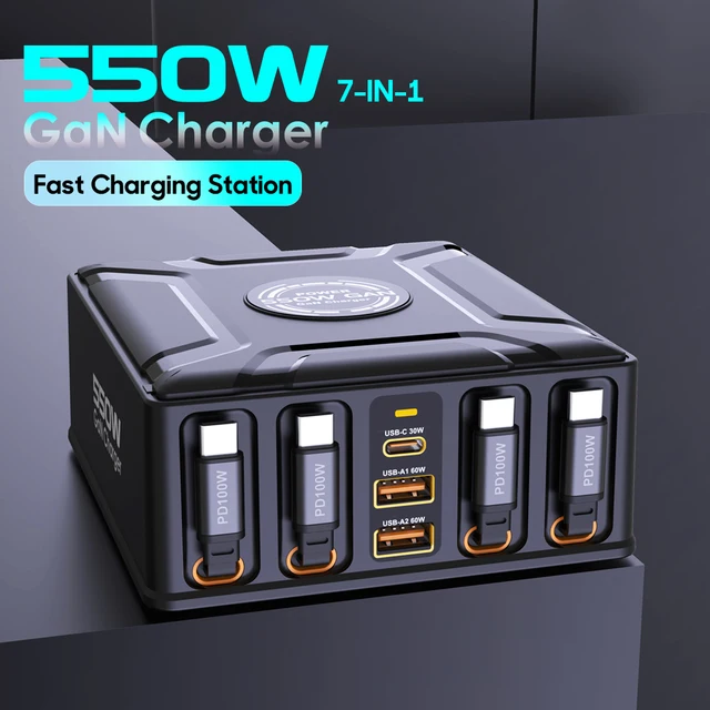 550W 7-in-1 Charging Station with 100W Retractable USB C Cable GaN Fast Charger for MacBook Pro iPhone 17 Samsung Laptop Tablet 1