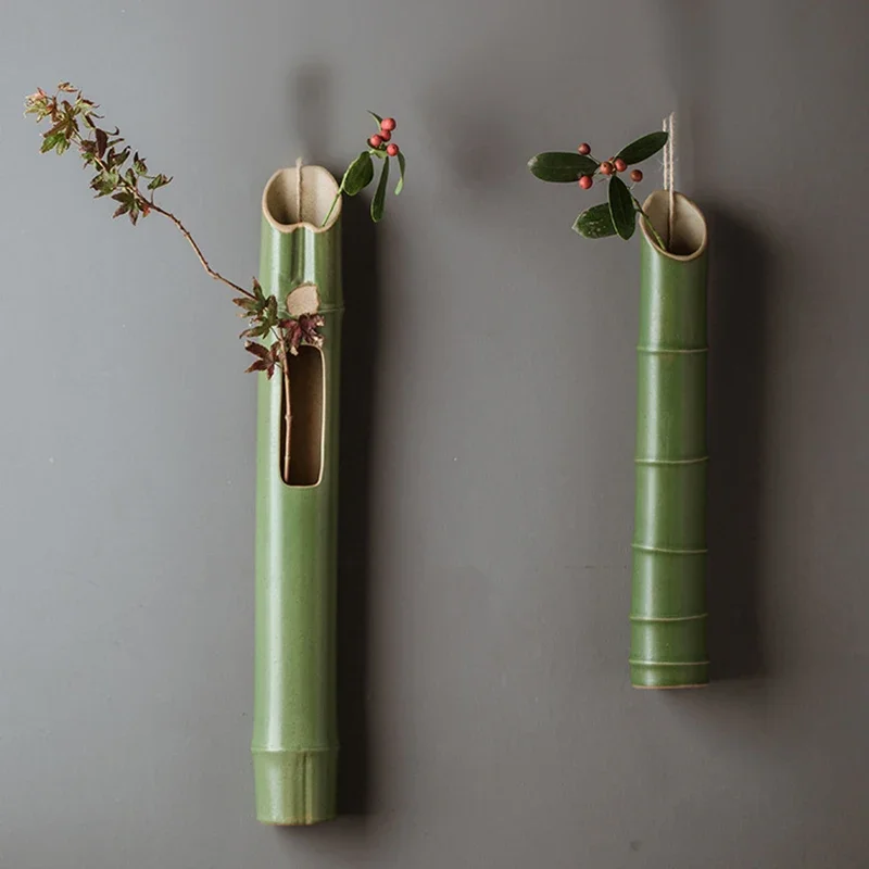 

Chinese Decoration Living Style Flower Creative Hanging Vase Ceramic Bamboo Arrangement Wall Ornament Dried Room Minimalist Home