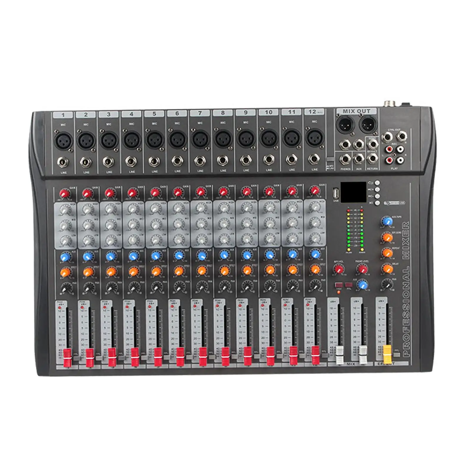 12 Channel Studio Audio Mixer Support 6.35mm V5.0 LCD Screen TRS Input DJ Sound Controller for Recording DJ Stage Karaoke Music