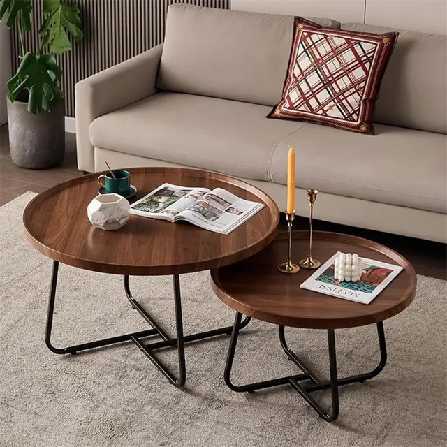 Ensemble de tables basses gigognes 50 cm + 70 cm, tables d'appoint rondes en noyer avec table centrale moderne cannelée pour salon, bureau, balcon 1