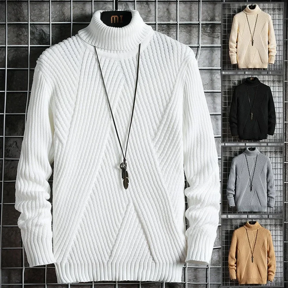 

2023 Korean Fashion Sweater Standing Neck Sweater Knitted Pullover Autumn Slim Fit Fashion Men's Clothing Irregular Stripes