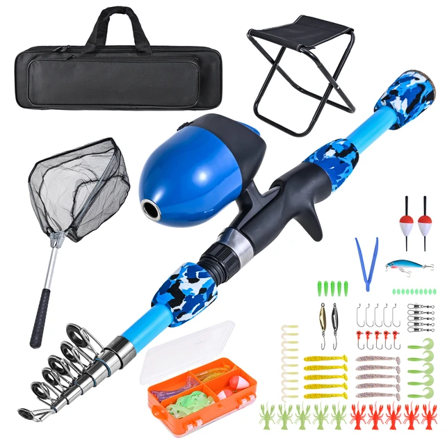 Kids Fishing Rod and Reel Combo with Collapsible Fishing Stool Landing Net  Telescopic Fishing Pole Tackle
