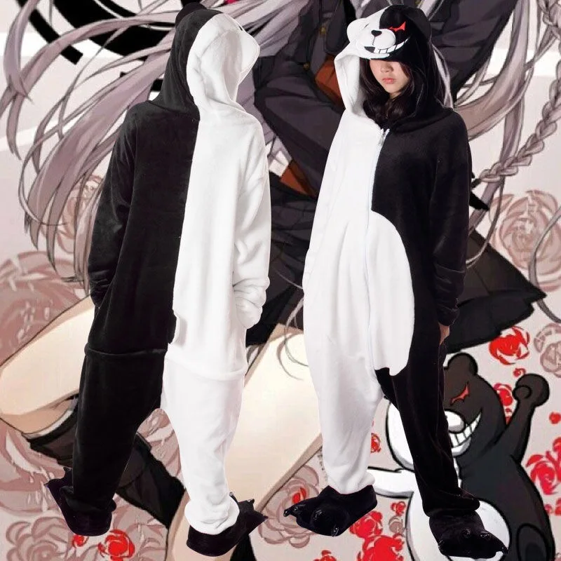 Game Trigger Happy Havo Kigurumi Anime Monokuma Pajamas Winter Flannel Adult Cartoon Cosplay Costume