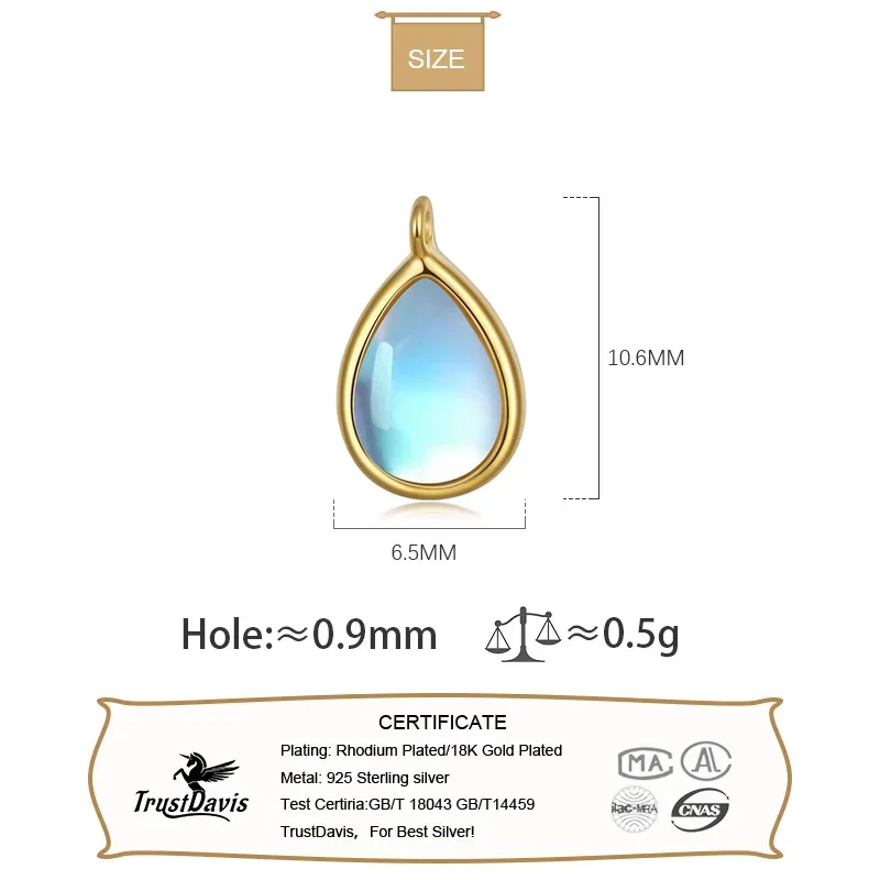TrustDavis Real 925 Sterling Silver Synthetic Moonstone Water Drop Charm Pendant Handmade DIY Accessories Jewelry DZ77 pendant necklace