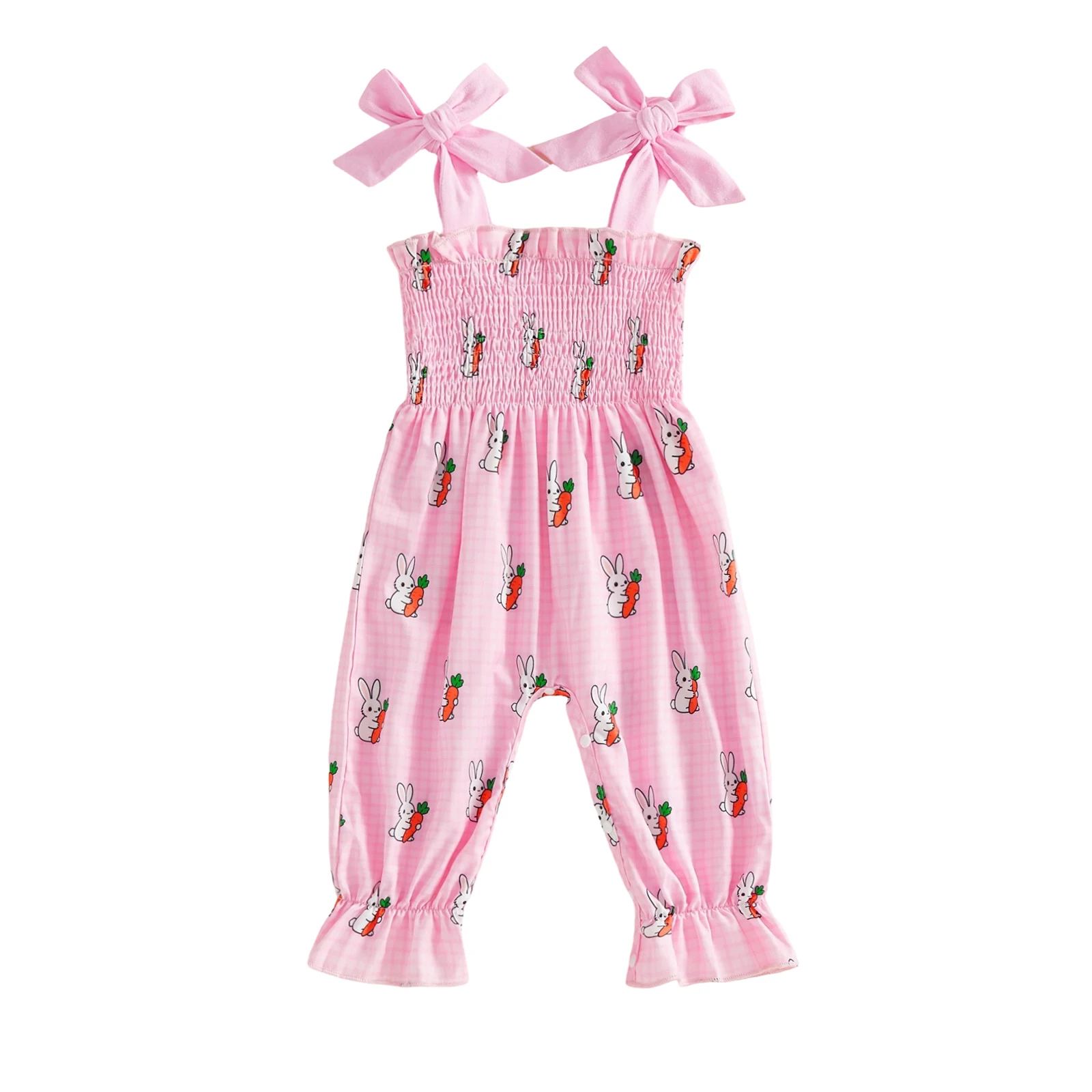 Baby Girls Easter Plaid Romper Cute Bunny Carrot Printed Square Neck Sleeveless Smocked Jumpsuit