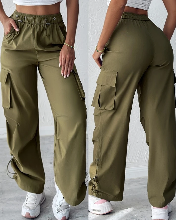 2024 Fashion Y2K Women's Pants Casual Daily Trousers Solid Color Pocket Design Drawstring High Waist Wide Leg Baggy Cargo Pants