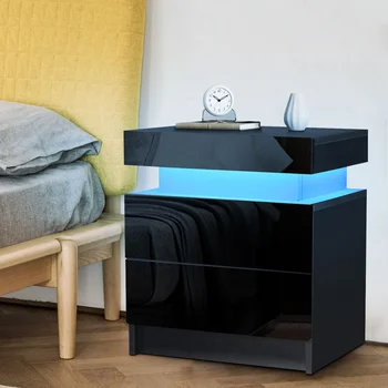 RGB LED Coffee Table 2 Drawers Table Storage Organizer Bedside Cabinet Furniture Nightstands End Table Living Room Furniture
