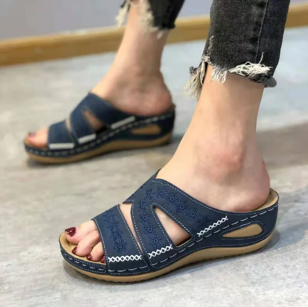Women Casual Sandals Comfortable Soft Slippers Embroider   Flower Colorful Ethnic Flat Platform Open Toe Outdoor Beach Shoes C blue