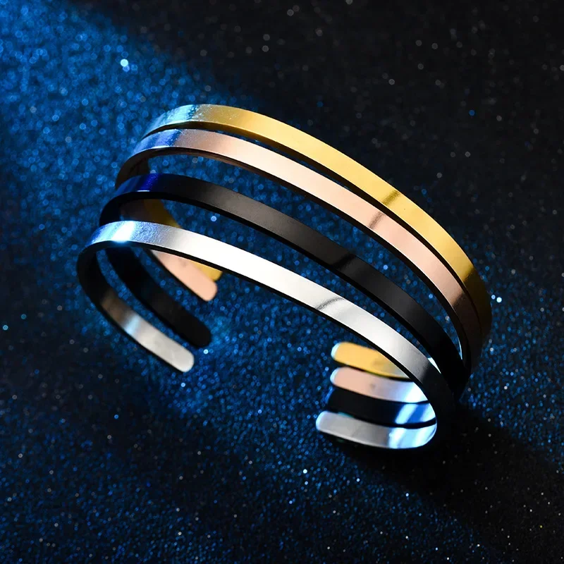 Stainless Steel Bracelet Fashion C-Shape Open Men Women Couple Lover Jewelry Gifts 4MM Adjustable Cuff Bangle