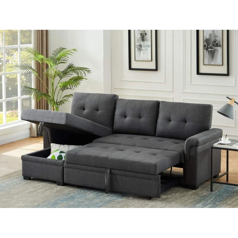 

LOVMOR 84 inch L-Shape Sectional Sleeper Sofa with Chaise Storage and Pull-Out Bed, Tufted Linen Backrest, Reversible 3-Seater f