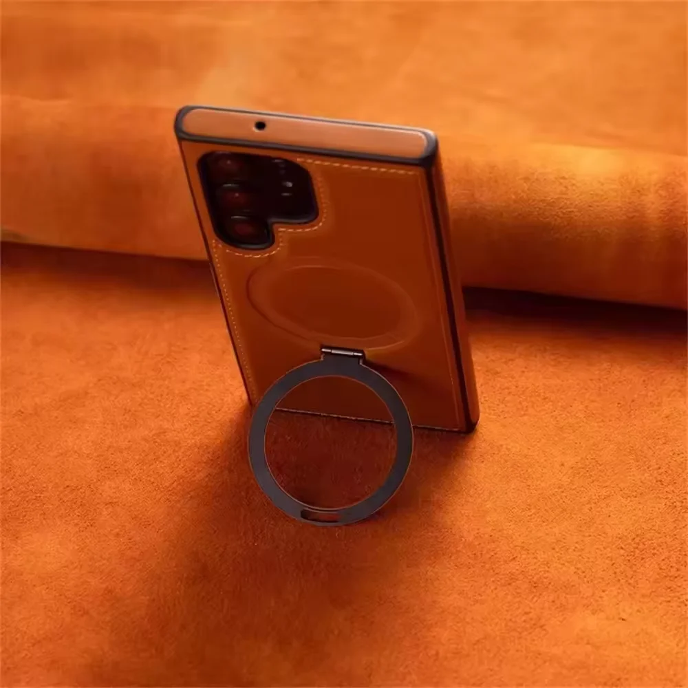 Luxury Magnetic Ring Holder Phone Case with Wireless Charging and Shockproof PU Leather Cover
