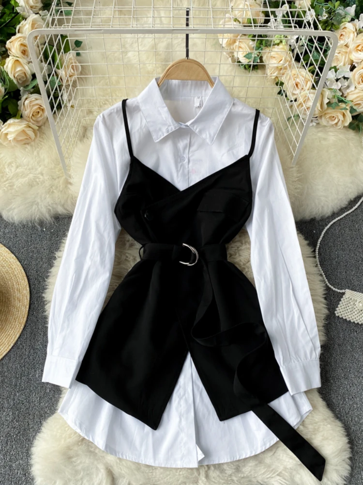 

Summer New Arrival Office Ladies Long Sleeve White Shirt Retro Shirt Dress Sling Outside with Belt Slim Two-piece Suit