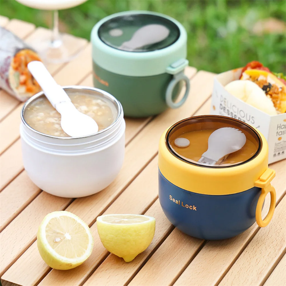 Portable Stainless Steel Soup Cup Lunch Box Food Containers Cute Shape Vacuum Flasks Thermo Cup Microwave Heating With Spoon