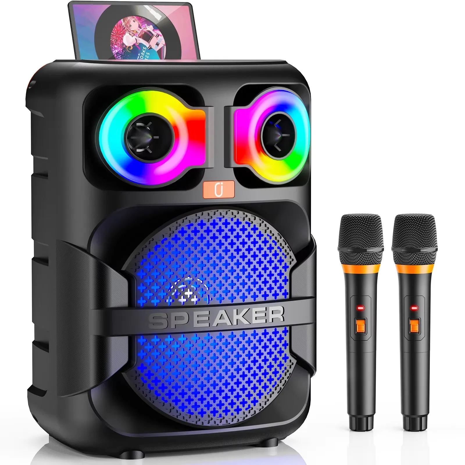 Karaokemachine voor volwassenen en kinderen, Bluetooth PA-systeem met 2 draadloze microfoons, luidspreker met mobiele telefoon/USB/TF-kaart/AUX-ingang, voor thuisfeest en vergadering