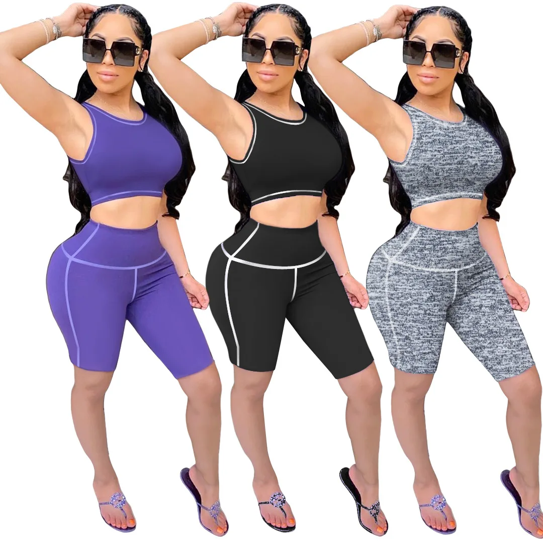 European and American women's casual sports bicycle shorts sleeveless suit Yoga suit two-piece set summer clothing for women