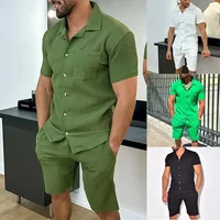 2024 Summer Turn-down Collar Casual Loose Men's Sets Solid Soft Single Breasted Button Shirts Shorts Suit Mens Two-piece Suits 1