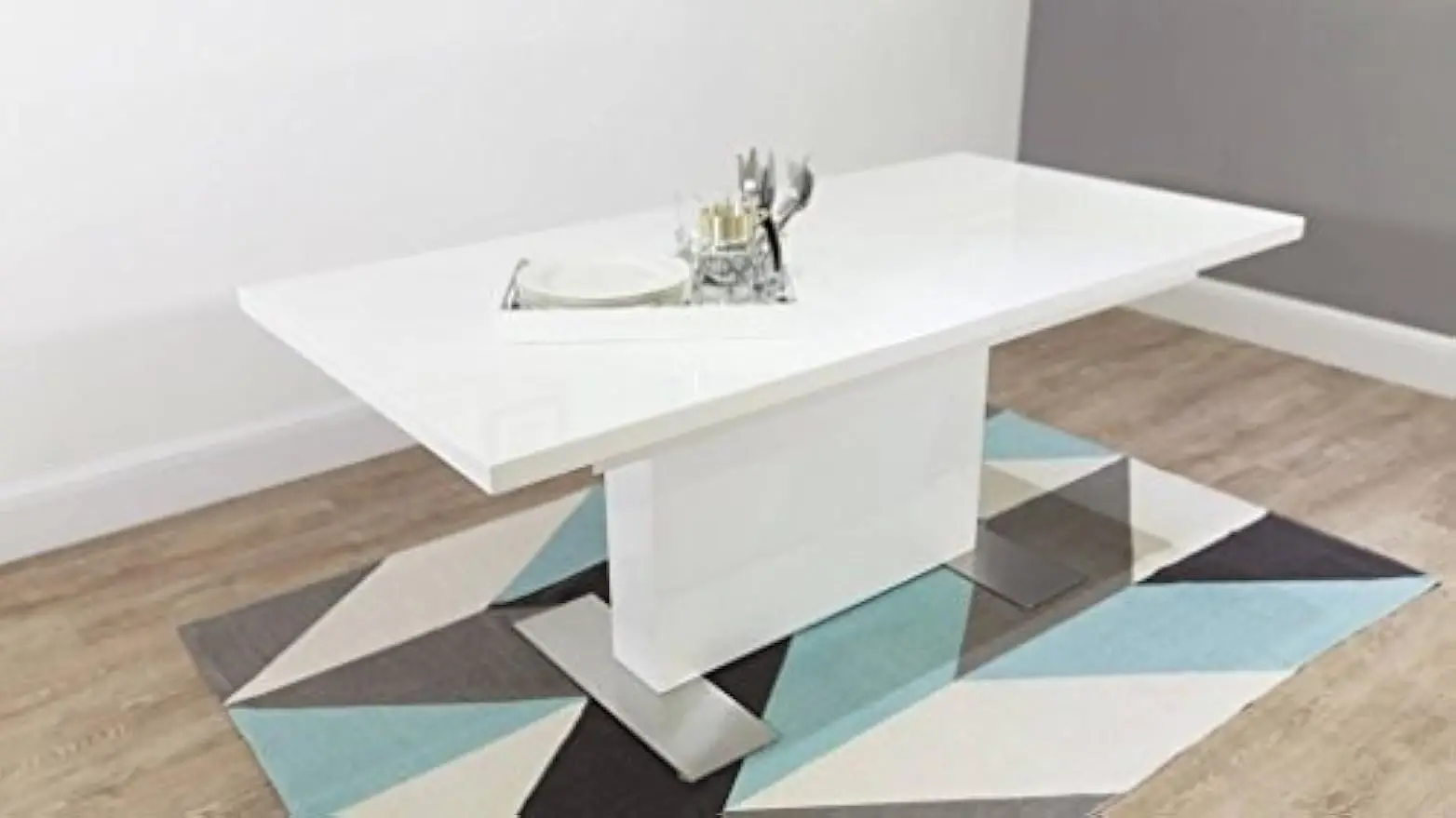 Extendible Dining Table Pedestal Table MDF High-Gloss White