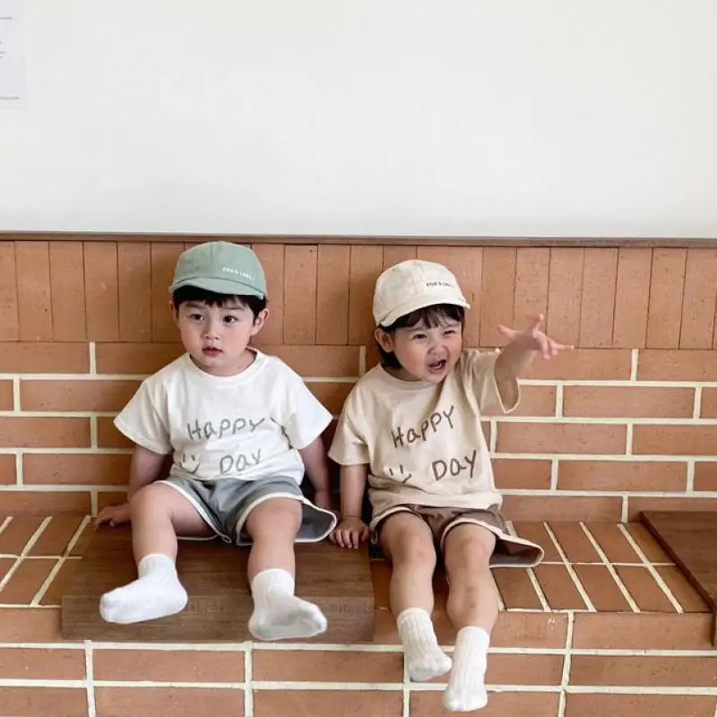 Baby Boy Summer Sports Set Girl Simple Smiley Letter Short Sleeves Tops Casual T-shirt Kid Loose Comfortable Cotton Shorts Suit baby outfit matching set