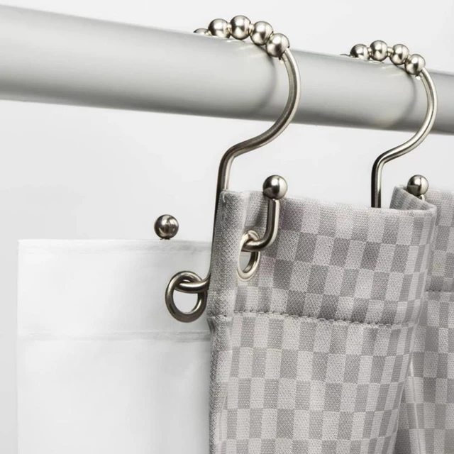 Set of 12 Shower Curtain Hooks Rings Double-hook Rollerball Metal