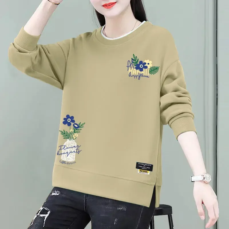 Autumn Winter Fashion Women's Printed Round Neck Tops 2023 New Korean All-match Thick Long Sleeve Pullovers Female Clothing