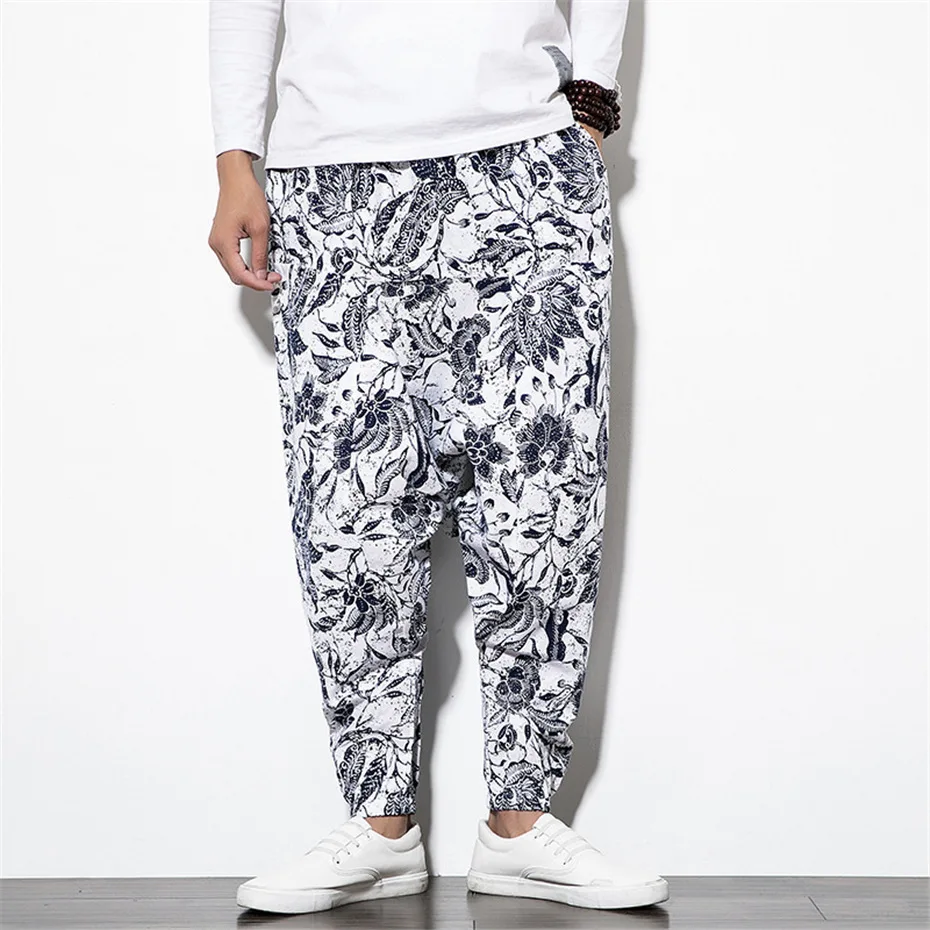 Hip Hip Streetwear Cross-pants Men Summer Loose Linen Pants Male Hip Hop Graffiti Trousers Elastic Waist
