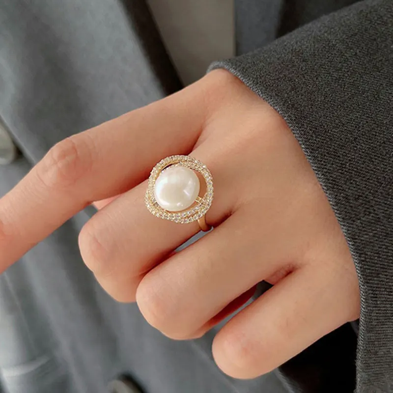 Big Imitation Pearls Gold Color Metal Hollow Exaggeration Design Finger Rings for Women Girls Party Gift finger ring gold color ring gold color rings