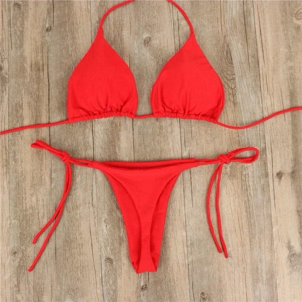 Sexy Women Swimsuit Thong Bikini Set Side Lace-Up Bandage Neck Tie Swimwear Adjustable Beachwear Solid Underwear