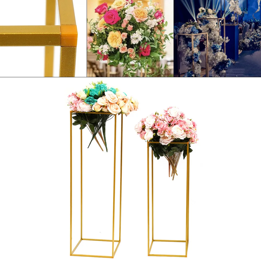 Set of 2 Gold Flower Stand for Wedding Metal Column Vases Stand Rectangular Flower Display Rack for Wedding Party Birthday Event