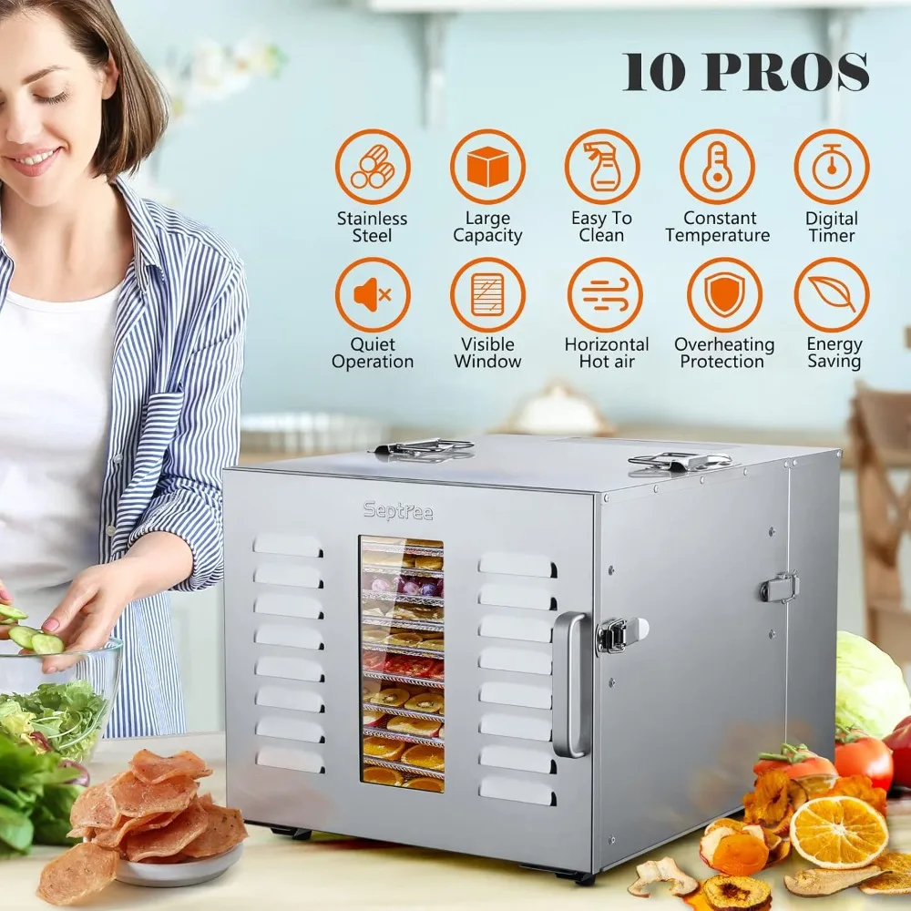 Commercial Large 10 Trays Food Dehydrator, Usable Area up to 17ft&sup2;, 1000W Detachable Full Stainless