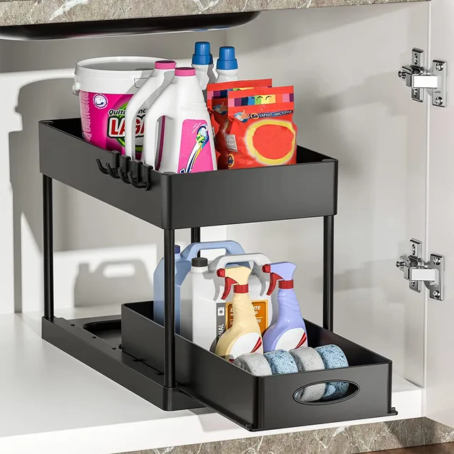  Estante organizador expandible de 2 niveles para debajo del  fregadero, estantes de almacenamiento ajustables para cocina o baño, color  blanco (tamaño: se estira de 23.6 a 39.4 pulgadas) : Hogar y Cocina