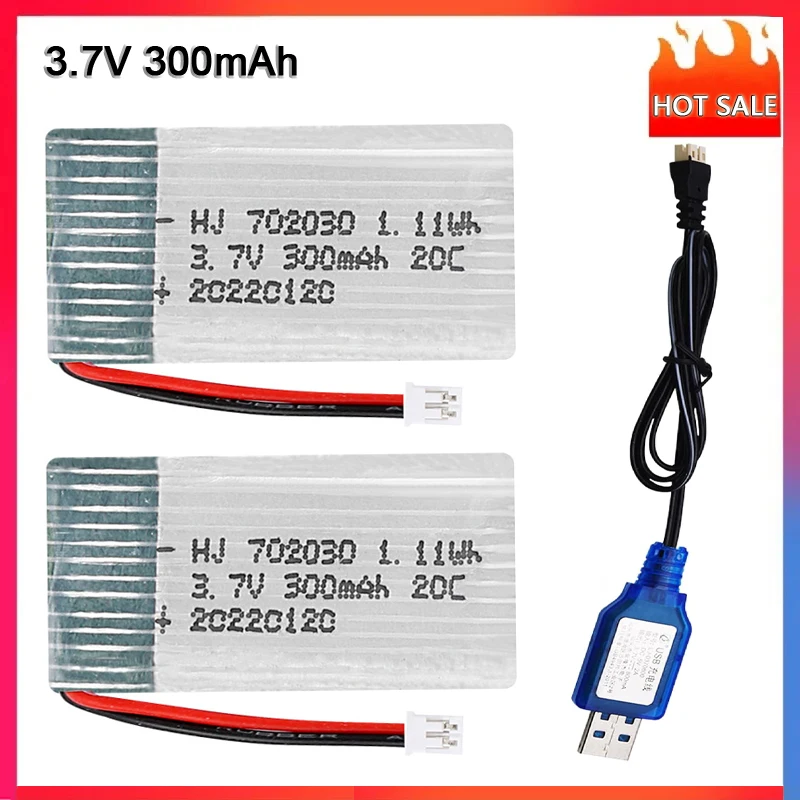 Batterie Drone 3.7V 300mAh PH2.0 Lot 1/2/4 avec Câble USB