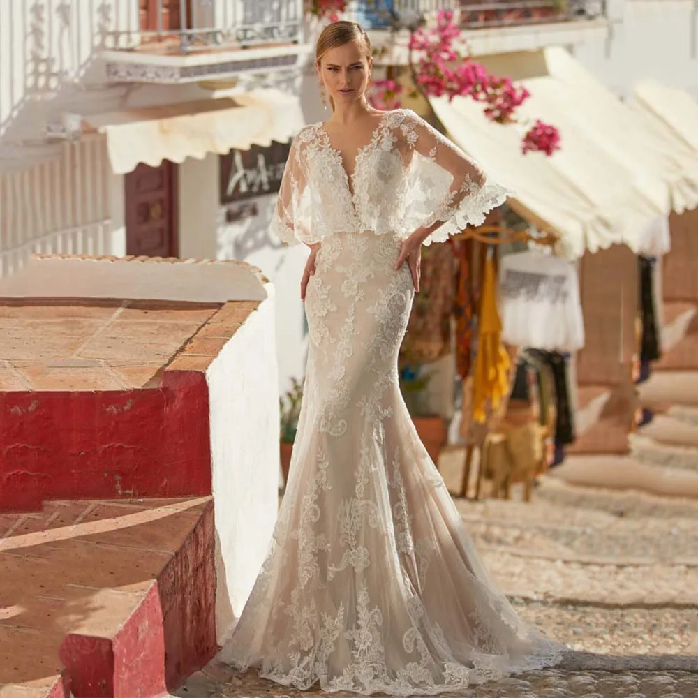 

Classic Sexy V Neck Wedding Dress Mermaid Lace Backless Bride Gown Party Vintage Court Train فستان الزفاف