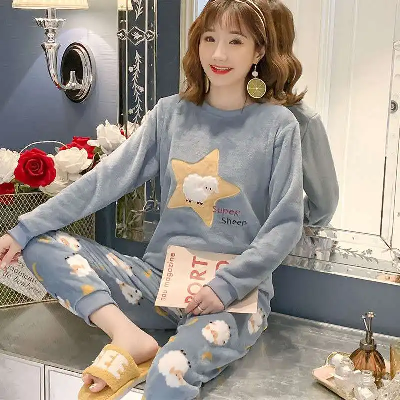 2022 Autumn Winter Warm Flannel Women Pyjamas Sets Thick Coral Velvet Long Sleeve Cartoon Sleepwear Thin Flannel Pajamas Set silk pajama set